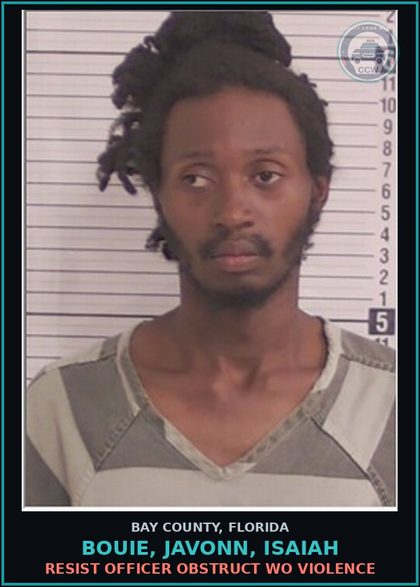 CCW arrest card for BOUIE, JAVONN, ISAIAH in Bay County: RESIST OFFICER OBSTRUCT WO VIOLENCE