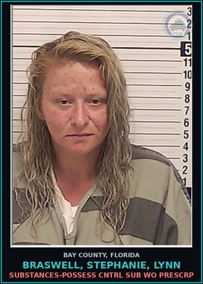 CCW arrest card for BRASWELL, STEPHANIE, LYNN in Bay County: DRUGS-POSSESS CNTRL SUB WO PRESCRIPTION