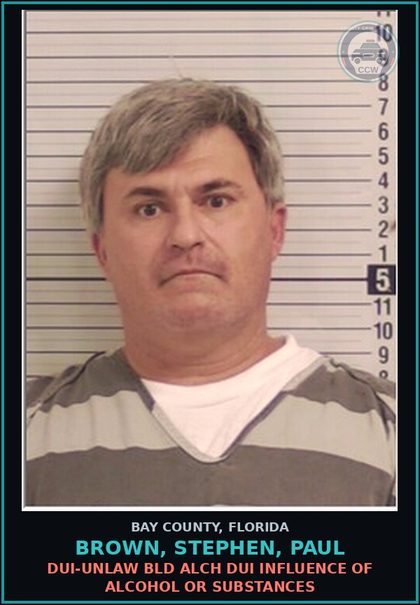 CCW arrest card for BROWN, STEPHEN, PAUL in Bay County: DUI-UNLAW BLD ALCH DUI INFLUENCE OF ALCOHOL OR DRUGS