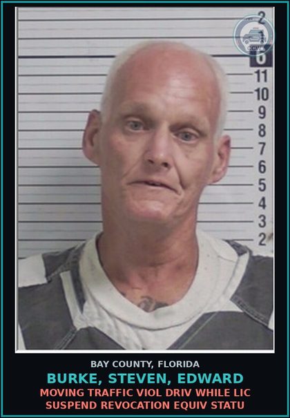 CCW arrest card for BURKE, STEVEN, EDWARD in Bay County: MOVING TRAFFIC VIOL DRIV WHILE LIC SUSPEND REVOCATION EQUIV STATU
