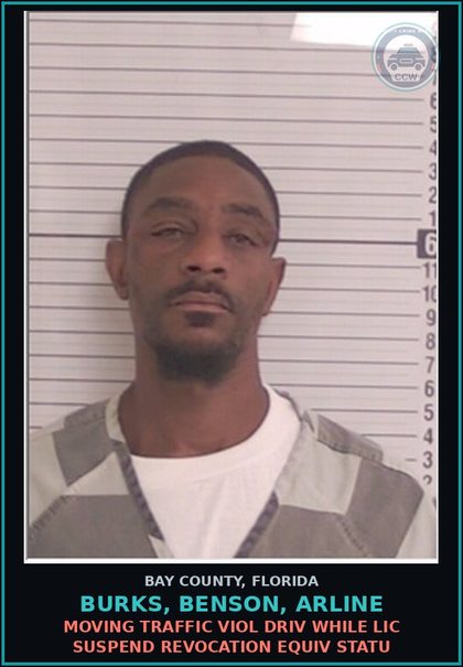CCW arrest card for BURKS, BENSON, ARLINE in Bay County: MOVING TRAFFIC VIOL DRIV WHILE LIC SUSPEND REVOCATION EQUIV STATU
