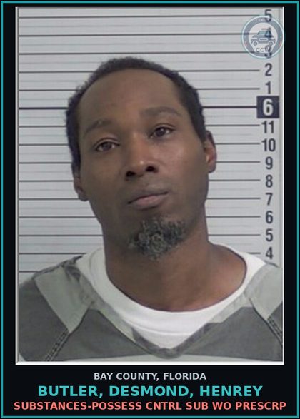CCW arrest card for BUTLER, DESMOND, HENREY in Bay County: DRUGS-POSSESS CNTRL SUB WO PRESCRIPTION