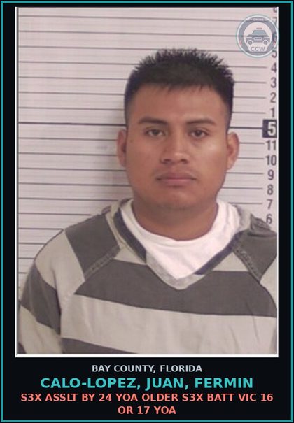 CCW arrest card for CALO-LOPEZ, JUAN, FERMIN in Bay County: s3x ASSLT BY 24 YOA OLDER s3x BATT VICTIM 16 OR 17 YOA