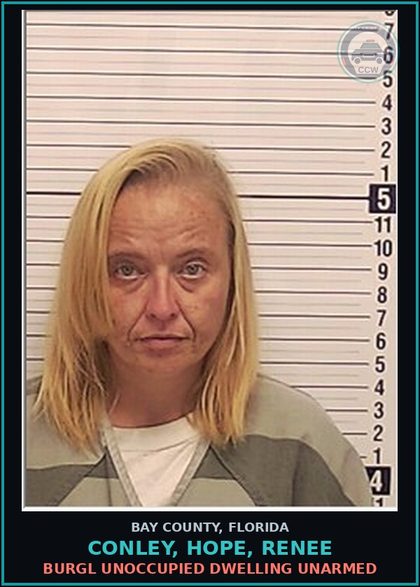 CCW arrest card for CONLEY, HOPE, RENEE in Bay County: BURGL UNOCCUPIED DWELLING UNARMED