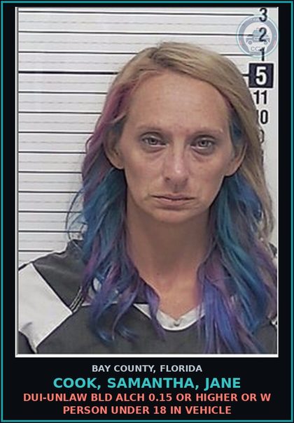 CCW arrest card for COOK, SAMANTHA, JANE in Bay County: DUI-UNLAW BLD ALCH 0.15 OR HIGHER OR W PERSON UNDER 18 IN VEHICLE