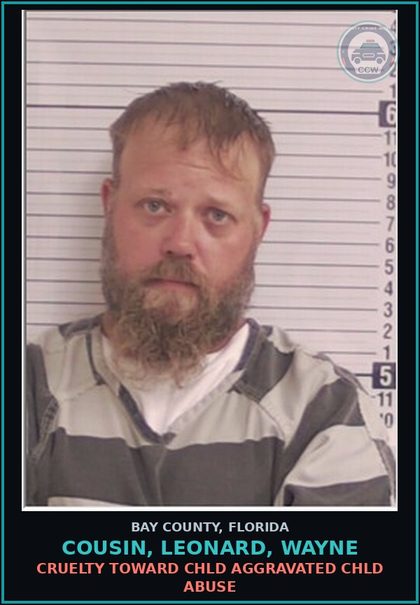 CCW arrest card for COUSIN, LEONARD, WAYNE in Bay County: CRUELTY TOWARD chld AGGRAVATED chld ABUSE