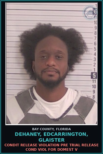CCW arrest card for DEHANEY, EDCARRINGTON, GLAISTER in Bay County: CONDIT RELEASE VIOLATION PRE TRIAL RELEASE COND VIOL FOR DOMEST V