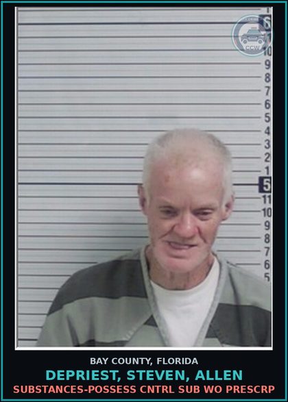 CCW arrest card for DEPRIEST, STEVEN, ALLEN in Bay County: DRUGS-POSSESS CNTRL SUB WO PRESCRIPTION
