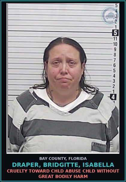CCW arrest card for DRAPER, BRIDGITTE, ISABELLA in Bay County: CRUELTY TOWARD chld ABUSE chld WITHOUT GREAT BODILY HARM