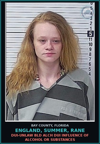 CCW arrest card for ENGLAND, SUMMER, RANE in Bay County: DUI-UNLAW BLD ALCH DUI INFLUENCE OF ALCOHOL OR DRUGS