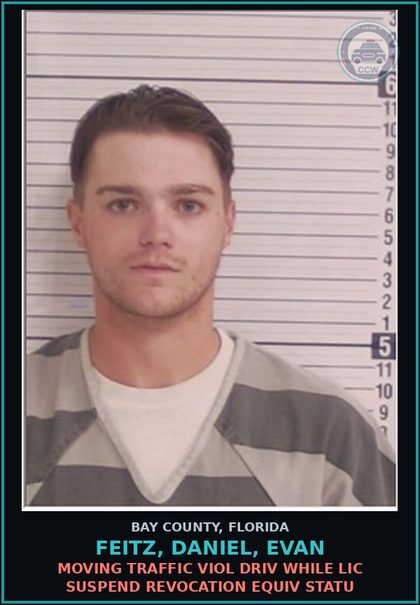 CCW arrest card for FEITZ, DANIEL, EVAN in Bay County: MOVING TRAFFIC VIOL DRIV WHILE LIC SUSPEND REVOCATION EQUIV STATU