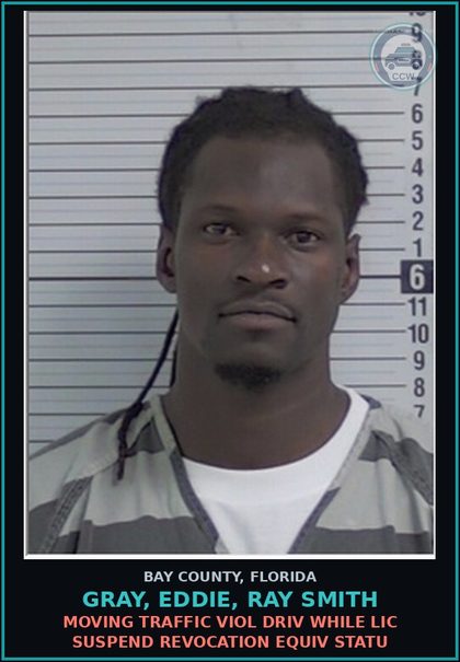 CCW arrest card for GRAY, EDDIE, RAY SMITH in Bay County: MOVING TRAFFIC VIOL DRIV WHILE LIC SUSPEND REVOCATION EQUIV STATU