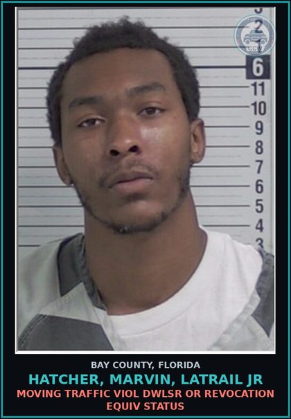 CCW arrest card for HATCHER, MARVIN, LATRAIL JR in Bay County: MOVING TRAFFIC VIOL DWLSR OR REVOCATION EQUIV STATUS