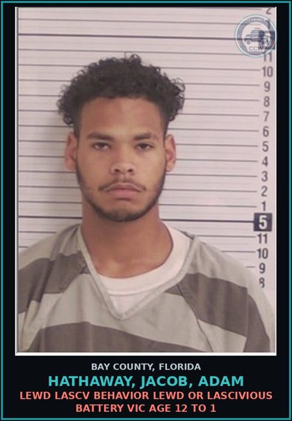 CCW arrest card for HATHAWAY, JACOB, ADAM in Bay County: LEWD LASCV BEHAVIOR LEWD OR LASCIVIOUS BATTERY VICTIM AGE 12 TO 1