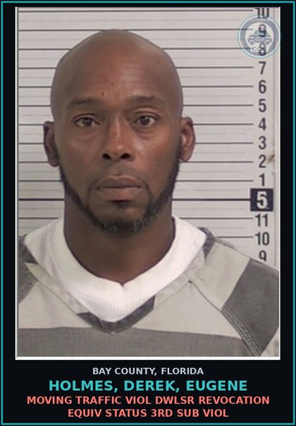 CCW arrest card for HOLMES, DEREK, EUGENE in Bay County: MOVING TRAFFIC VIOL DWLSR REVOCATION EQUIV STATUS 3RD SUB VIOL