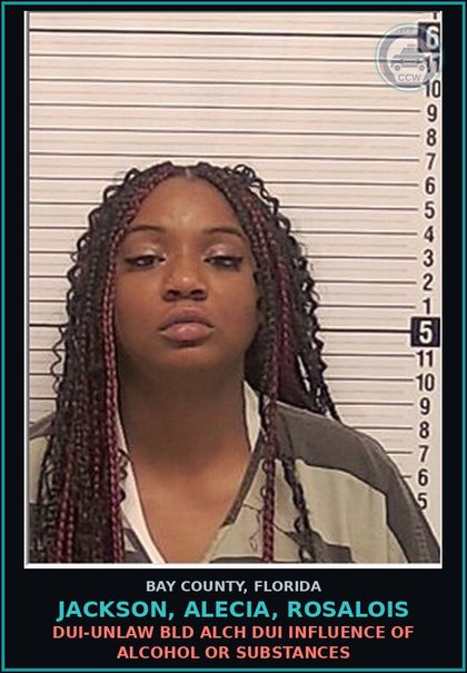 CCW arrest card for JACKSON, ALECIA, ROSALOIS in Bay County: DUI-UNLAW BLD ALCH DUI INFLUENCE OF ALCOHOL OR DRUGS