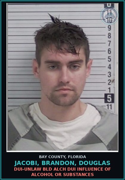 CCW arrest card for JACOBI, BRANDON, DOUGLAS in Bay County: DUI-UNLAW BLD ALCH DUI INFLUENCE OF ALCOHOL OR DRUGS