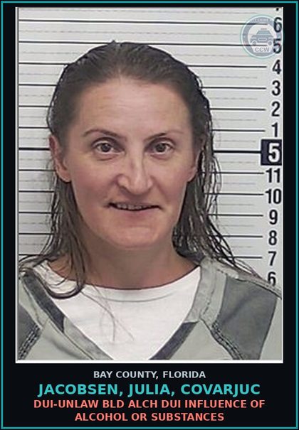 CCW arrest card for JACOBSEN, JULIA, COVARJUC in Bay County: DUI-UNLAW BLD ALCH DUI INFLUENCE OF ALCOHOL OR DRUGS