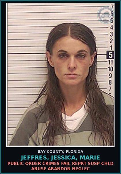 CCW arrest card for JEFFRES, JESSICA, MARIE in Bay County: PUBLIC ORDER CRIMES FAIL REPRT SUSP chld ABUSE ABANDON NEGLEC