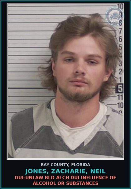 CCW arrest card for JONES, ZACHARIE, NEIL in Bay County: DUI-UNLAW BLD ALCH DUI INFLUENCE OF ALCOHOL OR DRUGS