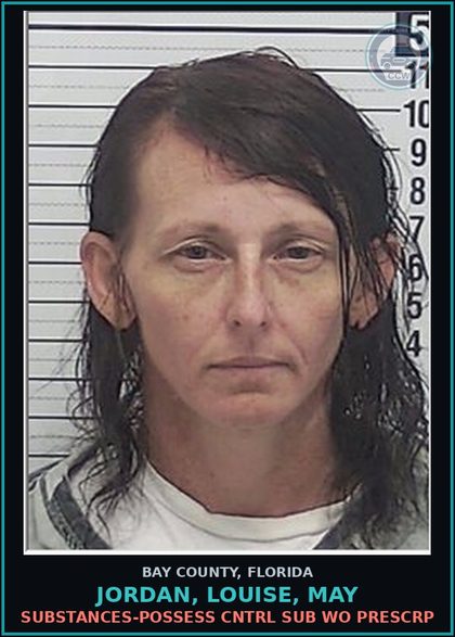 CCW arrest card for JORDAN, LOUISE, MAY in Bay County: DRUGS-POSSESS CNTRL SUB WO PRESCRIPTION