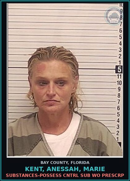 CCW arrest card for KENT, ANESSAH, MARIE in Bay County: DRUGS-POSSESS CNTRL SUB WO PRESCRIPTION