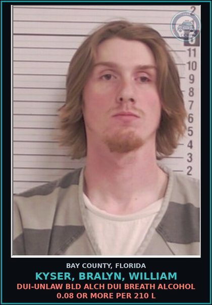 CCW arrest card for KYSER, BRALYN, WILLIAM in Bay County: DUI-UNLAW BLD ALCH DUI BREATH ALCOHOL 0.08 OR MORE PER 210 L