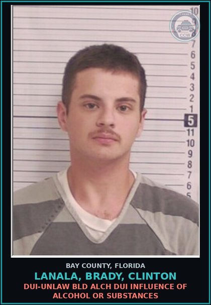 CCW arrest card for LANALA, BRADY, CLINTON in Bay County: DUI-UNLAW BLD ALCH DUI INFLUENCE OF ALCOHOL OR DRUGS