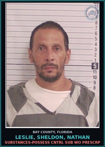 CCW arrest card for LESLIE, SHELDON, NATHAN in Bay County: DRUGS-POSSESS CNTRL SUB WO PRESCRIPTION