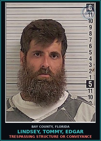 CCW arrest card for LINDSEY, TOMMY, EDGAR in Bay County: TRESPASSING STRUCTURE OR CONVEYANCE