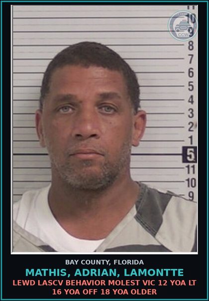 CCW arrest card for MATHIS, ADRIAN, LAMONTTE in Bay County: LEWD LASCV BEHAVIOR MOLEST VIC 12 YOA LT 16 YOA OFF 18 YOA OLDER