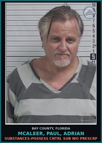 CCW arrest card for MCALEER, PAUL, ADRIAN in Bay County: DRUGS-POSSESS CNTRL SUB WO PRESCRIPTION