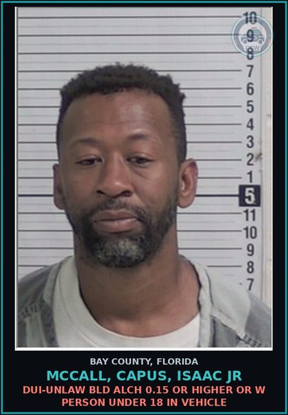 CCW arrest card for MCCALL, CAPUS, ISAAC JR in Bay County: MOVING TRAFFIC VIOL DWLSR REVOCATION EQUIV STATUS 3RD SUB VIOL