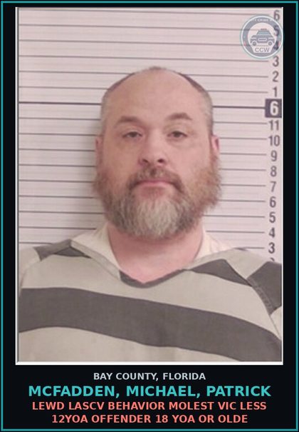 CCW arrest card for MCFADDEN, MICHAEL, PATRICK in Bay County: LEWD LASCV BEHAVIOR MOLEST VIC LESS 12YOA OFFENDER 18 YOA OR OLDE