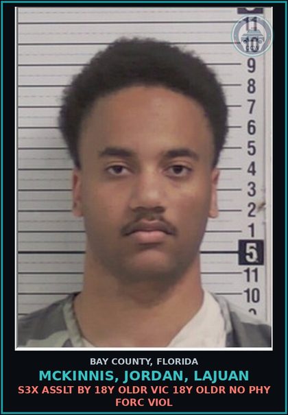 CCW arrest card for MCKINNIS, JORDAN, LAJUAN in Bay County: s3x ASSLT BY 18Y OLDR VIC 18Y OLDR NO PHY FORC VIOL