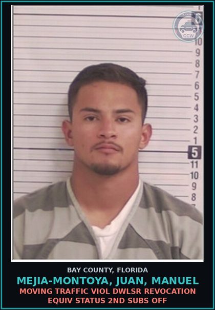 CCW arrest card for MEJIA-MONTOYA, JUAN, MANUEL in Bay County: MOVING TRAFFIC VIOL DWLSR REVOCATION EQUIV STATUS 2ND SUBS OFF