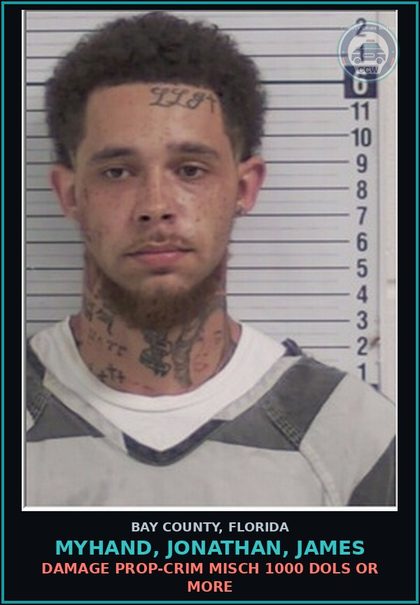 CCW arrest card for MYHAND, JONATHAN, JAMES in Bay County: DAMAGE PROP-CRIM MISCH 1000 DOLS OR MORE