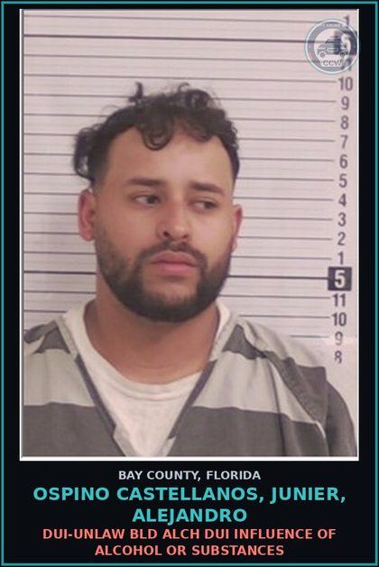 CCW arrest card for OSPINO CASTELLANOS, JUNIER, ALEJANDRO in Bay County: DUI-UNLAW BLD ALCH DUI INFLUENCE OF ALCOHOL OR DRUGS