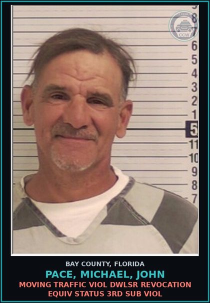 CCW arrest card for PACE, MICHAEL, JOHN in Bay County: MOVING TRAFFIC VIOL DWLSR REVOCATION EQUIV STATUS 3RD SUB VIOL