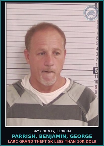 CCW arrest card for PARRISH, BENJAMIN, GEORGE in Bay County: AGGRAV STALKING FOLLOW HARASS CYBERSTALK CRED THREAT TO PERSON