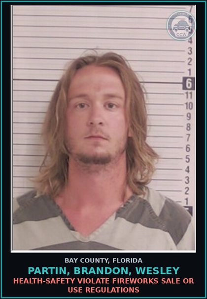 CCW arrest card for PARTIN, BRANDON, WESLEY in Bay County: HEALTH-SAFETY VIOLATE FIREWORKS SALE OR USE REGULATIONS