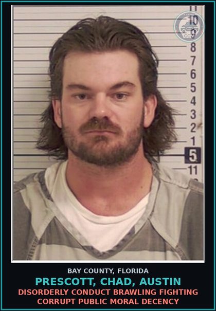 CCW arrest card for PRESCOTT, CHAD, AUSTIN in Bay County: DISORDERLY CONDUCT BRAWLING FIGHTING CORRUPT PUBLIC MORAL DECENCY
