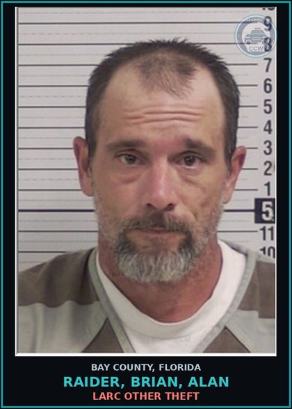 CCW arrest card for RAIDER, BRIAN, ALAN in Bay County: BURGL UNOCCUPIED CONVEYANCE UNARMED