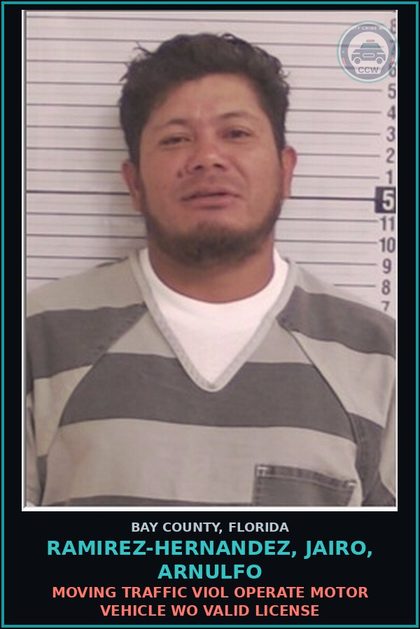CCW arrest card for RAMIREZ-HERNANDEZ, JAIRO, ARNULFO in Bay County: MOVING TRAFFIC VIOL OPERATE MOTOR VEHICLE WO VALID LICENSE