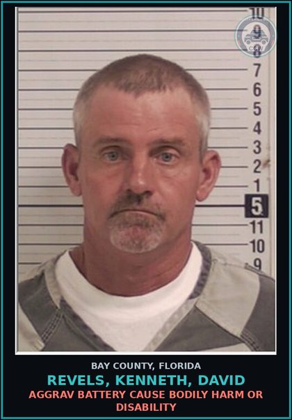 CCW arrest card for REVELS, KENNETH, DAVID in Bay County: AGGRAV BATTERY CAUSE BODILY HARM OR DISABILITY
