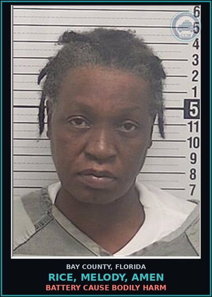CCW arrest card for RICE, MELODY, AMEN in Bay County: BATTERY CAUSE BODILY HARM