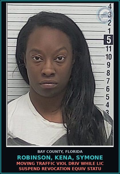 CCW arrest card for ROBINSON, KENA, SYMONE in Bay County: MOVING TRAFFIC VIOL DRIV WHILE LIC SUSPEND REVOCATION EQUIV STATU