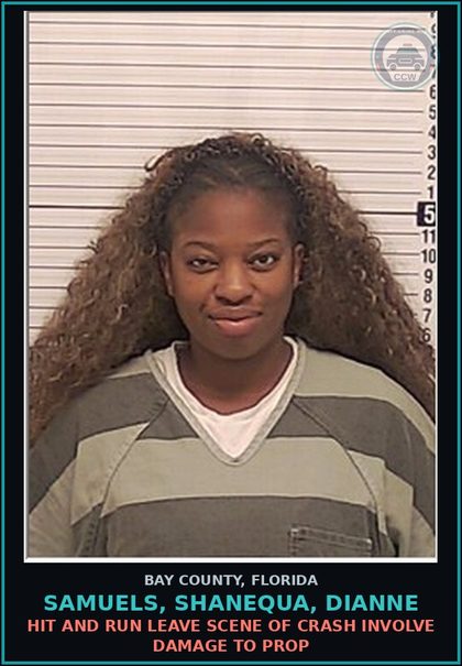CCW arrest card for SAMUELS, SHANEQUA, DIANNE in Bay County: HIT AND RUN LEAVE SCENE OF CRASH INVOLVE DAMAGE TO PROP