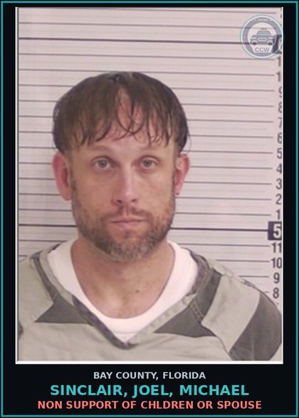 CCW arrest card for SINCLAIR, JOEL, MICHAEL in Bay County: NON SUPPORT OF CHILDREN OR SPOUSE