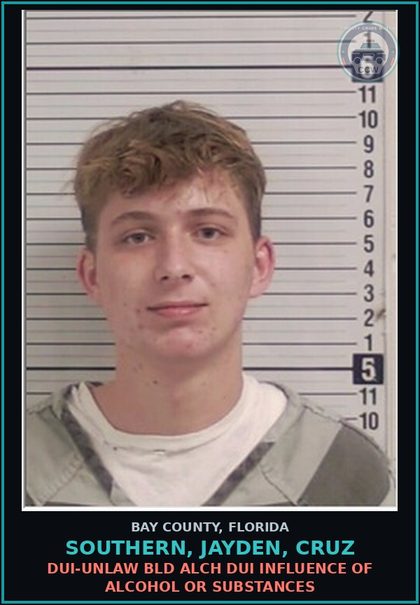 CCW arrest card for SOUTHERN, JAYDEN, CRUZ in Bay County: DUI-UNLAW BLD ALCH DUI INFLUENCE OF ALCOHOL OR DRUGS